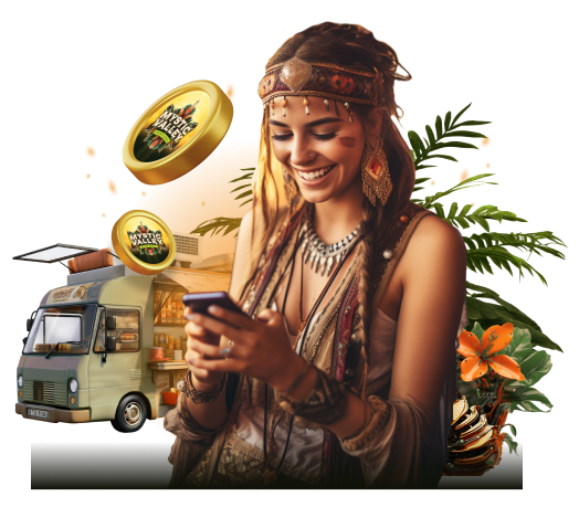 A woman dressing in Bohemian style, smiling to the mobile phone surround by MYST tokens, the utility tokens using on the Mystic Valley Festival 2024. Having a food truck at the background.