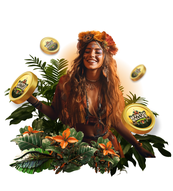 A woman dressing in Bohemian style, having a good time, surround by the MYST token which is the utility token for the Mystic Valley Festival 2024.