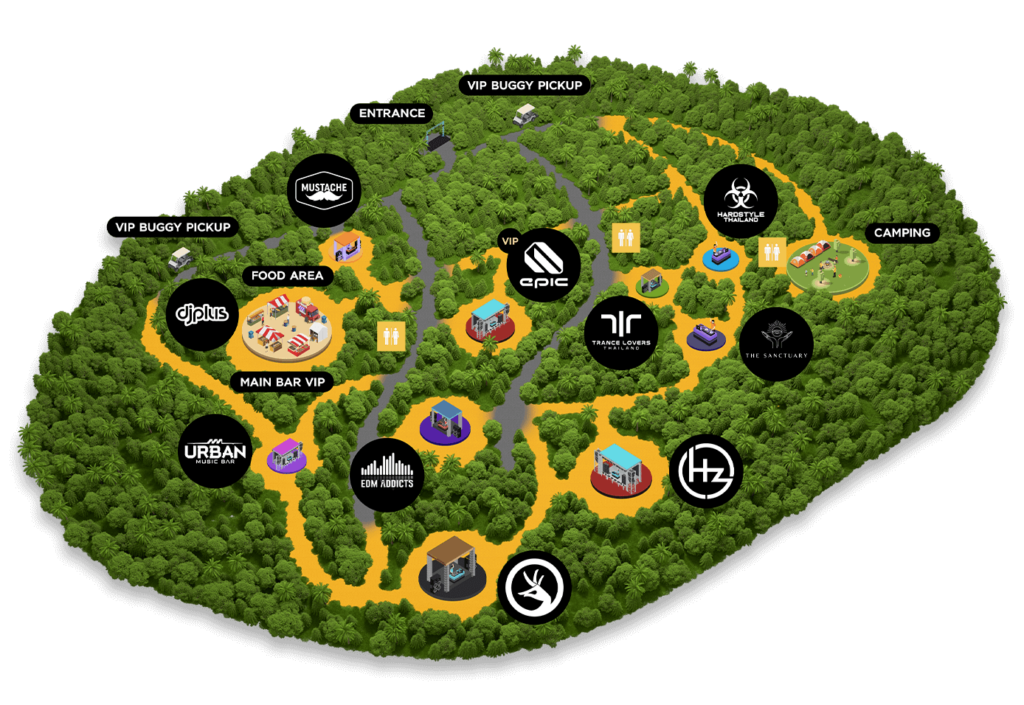 Map of the Mystic Valley Music Festival 2024, contains 10 stages locations, VIP areas, camping lots, and other facilities.
